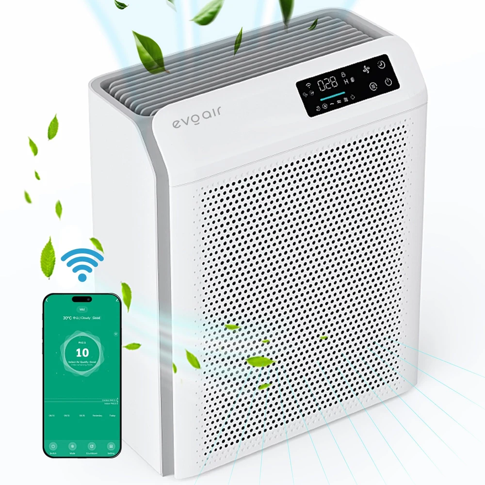 Purificator de aer Evoair HOMI P300, CADR 300m³/h, WI-FI, Filtru True Hepa, Mod Auto, Lampa UV, Ionizare, 6 Moduri Functionare, Senzor Calitate Aer, Alb